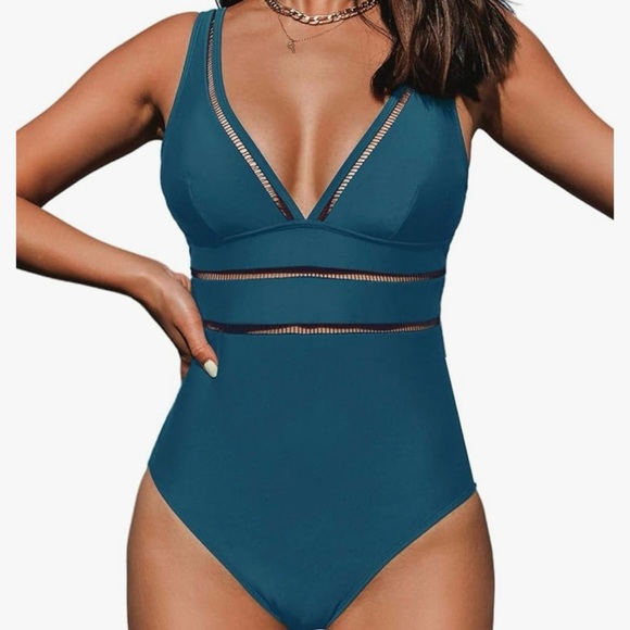 CUPSHE Women's One Piece Blue V Neck Swimsuit - Picture 4 of 7
